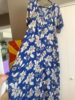 ✨ Sonoma Linen Blend Floral Maxi Dress XL/1X | Blue & White Oversized Boho
